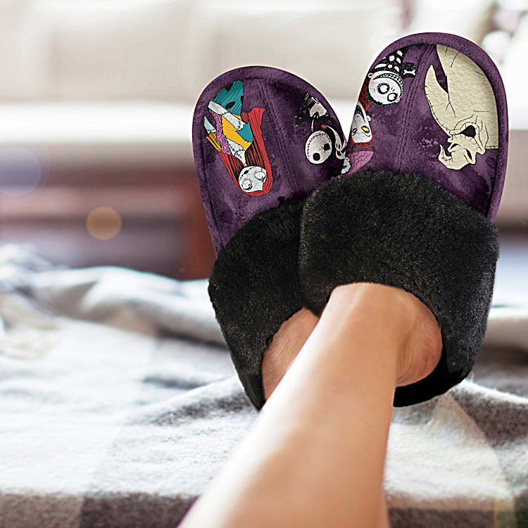 Disney Tim Burton s The Nightmare Before Christmas Womens Purple Faux Suede Slippers Adorned With Movie Character Art And Lined With Cozy Faux Fur