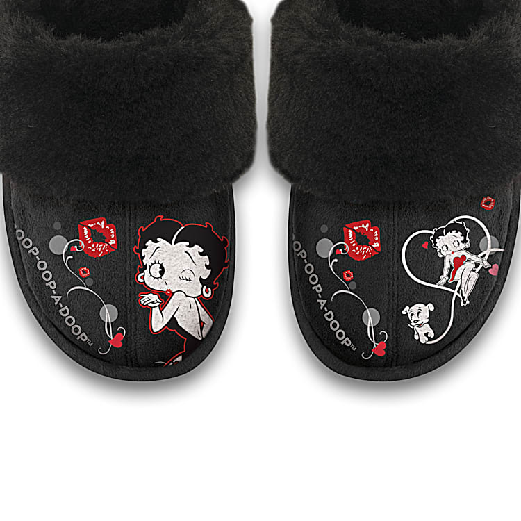 Betty Boop Womens Black Faux Suede Slippers Adorned With Betty Boop Art Feature A Flexible Sole Lined With Cozy Faux Fur