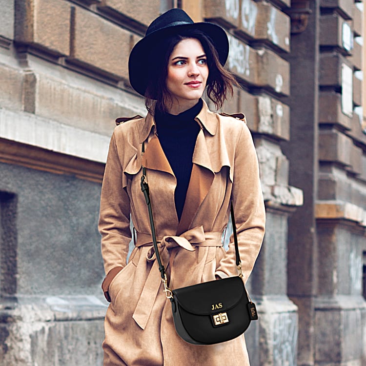 Bob Mackie Faux Leather Saddle Bag Style Handbag Available In Black Or Cognac And Monogrammed With 3 Initials