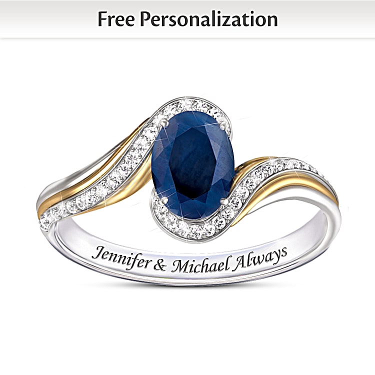 Sterling Silver Ring Adorned With 18K Gold Plated Accents A Blue Sapphire Engraved With 2 Names