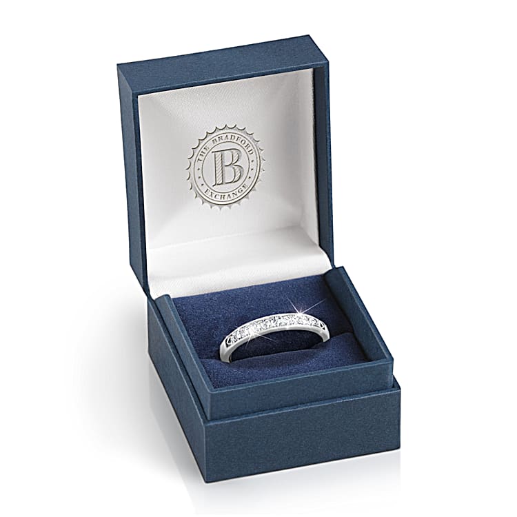 Our Forever Love Womens Personalized Platinum Plated Wedding Ring Adorned With Diamonds And Featuring 2 Sculpted Hearts At Each End Of The Setting