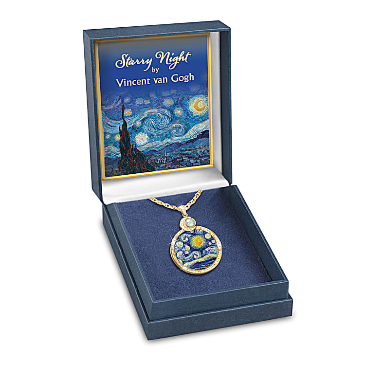 18K Gold Plated Round Vincent Van Gogh Starry Night Pendant Adorned With A Rainbow Moonstone Gem