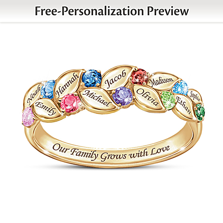 Our Family Of Joy Womens 18K Gold Plated Ring Featuring A Woven Pattern Of Leaves Personalized With Up To 9 Names And Crystal Birthstones