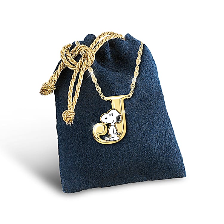 PEANUTS 18K Gold Plated Initial Pendant Featuring Snoopy In A Playful Pose And Woodstock Charm
