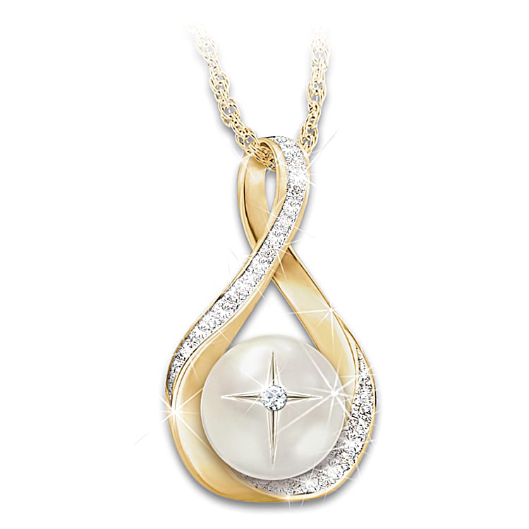 Gods Pearl Of Wisdom 18K Gold Plated Infinity Pendant Necklace Adorned With Diamonds And Features A Mother Of Pearl Cabochon Engraved With A Cross