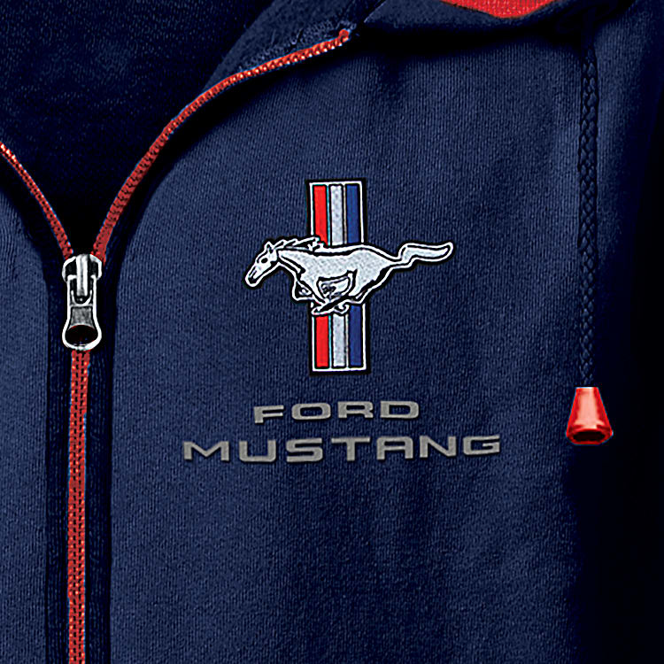 True American Legend Mens Blue Cotton Blend Knit Full Zip Hoodie Featuring Officially Licensed Ford Mustang Embroidered Patches On The Sleeves