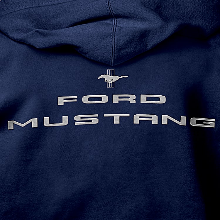 True American Legend Mens Blue Cotton Blend Knit Full Zip Hoodie Featuring Officially Licensed Ford Mustang Embroidered Patches On The Sleeves