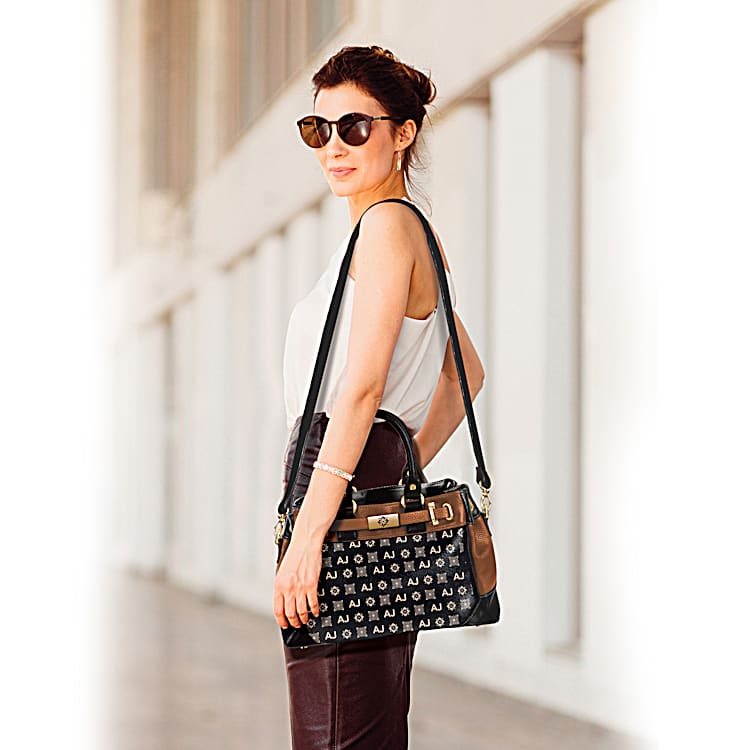 Just My Style Womens Black Faux Leather Handbag With Gold Toned Hardware Featuring A Designer Style All Over Print Personalized With Your Initials