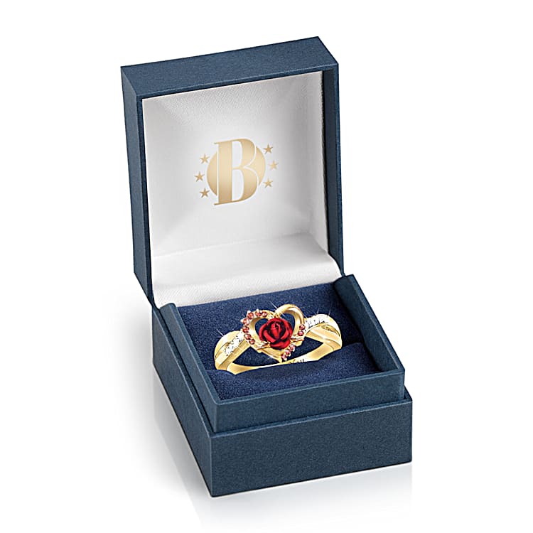Forever Yours Womens Romantic 18K Gold Plated Ring Adorned With White Topaz Accents Features A Sculpted Red Rose Inside A Heart Set With 12 Rubies