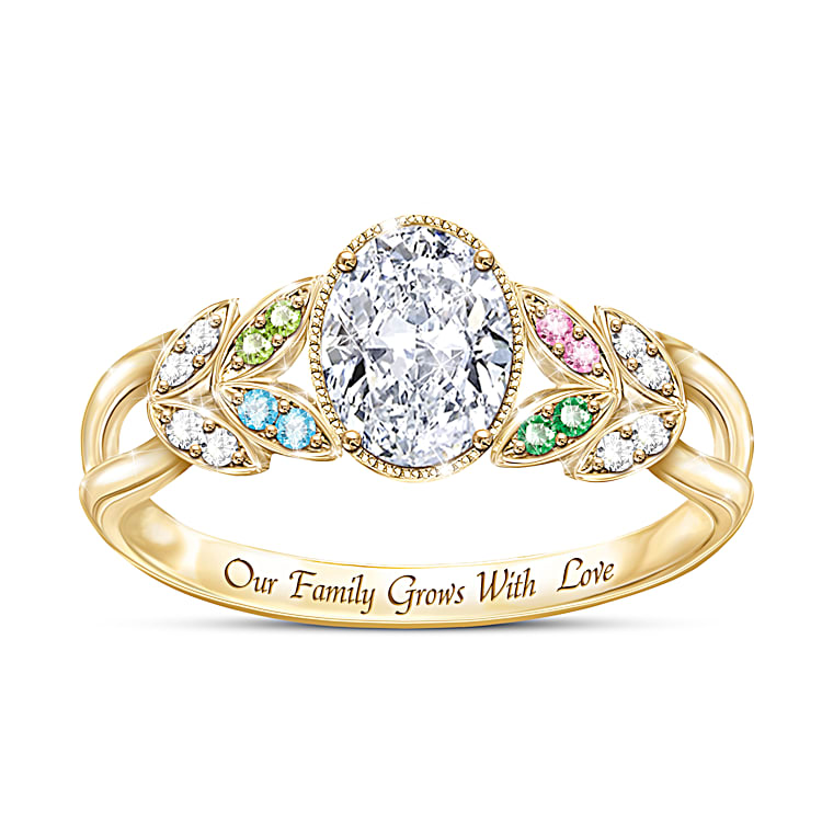 Our Family Grows With Love Womens Personalized 18K Gold Plated Birthstone Ring Featuring A Radiant Cut Simulated Diamond