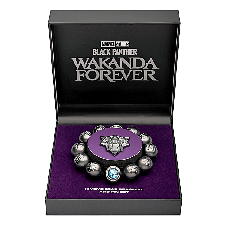 Marvel Studios Black Panther Womens Wakanda Forever Kimoyo Bead Bracelet And Pin Set Featuring 12 Black Ion Plated Beads Engraved With Wakandan Icons