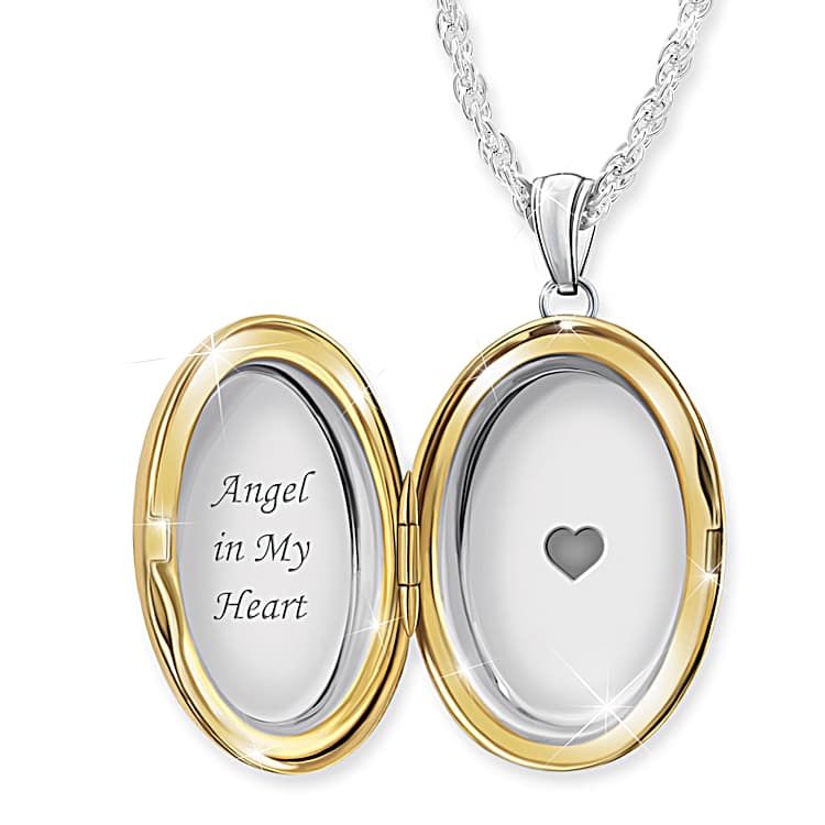 Memorial Locket With Gold Tone Accents And Engraved Icons Of A Cardinal Cross Butterfly Or Feather