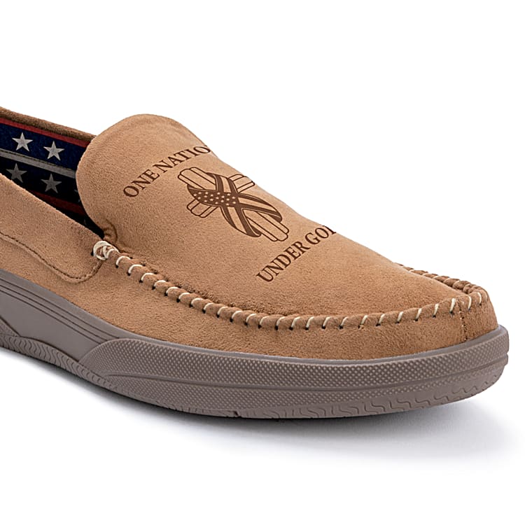 One Nation Under God Mens Faux Suede Slip On Shoes Featuring An Embossed Image Of A Religious Cross And Lined With Soft Flannel In A Patriotic Print
