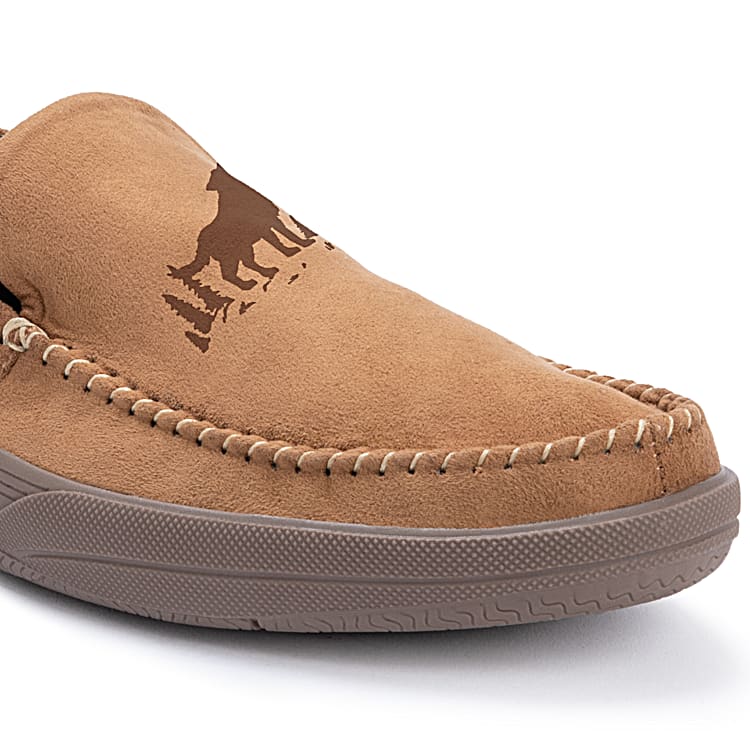 Spirit Of The Wolf Mens Tan Color Faux Suede Slip On Shoes Featuring An Embossed Image Of Wolf Art And Lined With Soft Flannel In A Camouflage Print