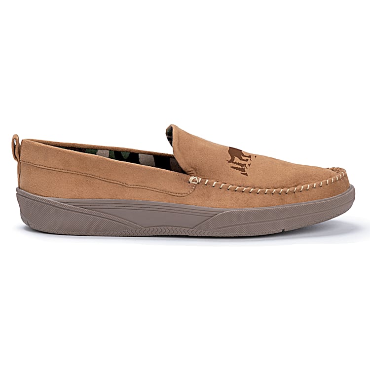 Spirit Of The Wolf Mens Tan Color Faux Suede Slip On Shoes Featuring An Embossed Image Of Wolf Art And Lined With Soft Flannel In A Camouflage Print