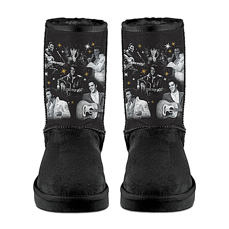 Elvis Timeless Legend Slip On Style Black Faux Suede Boots Lined With Warm Faux Fur And Adorned With A Black And White Collage Of Elvis Presley Art