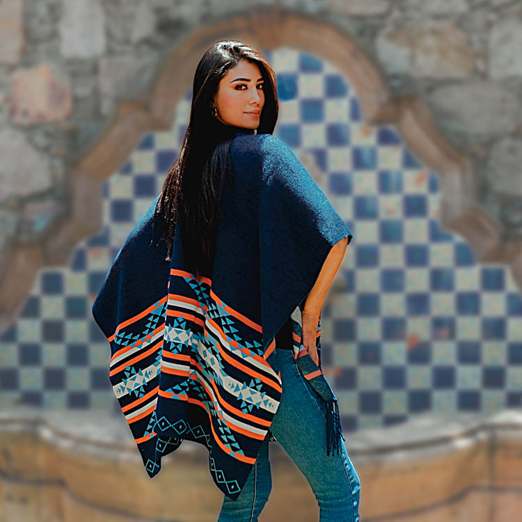 Women Shawl Navajo Serape Wrap Cape with Hoodie 80% AlpacaBEIGE-BLUE-2  BROWNS at  Women's Clothing store