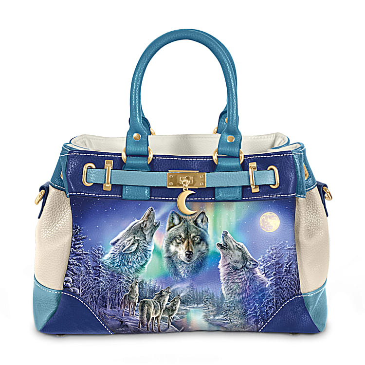Mystic Spirit Faux Leather Fashion Handbag With Gold Toned Hardware Featuring Majestic Wolf Art By Artist James Meger