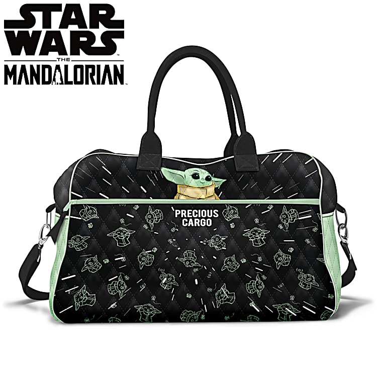 STAR WARS The Mandalorian Precious Cargo Black Quilted Weekender Bag With An All Over Print Of The Child And A Trolley Sleeve For Easy Portability