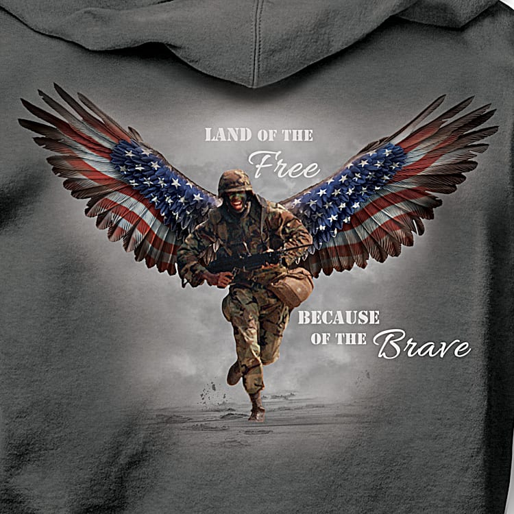 Wings Of Pride Protection Mens Charcoal Gray Cotton Blend Full Zip Hoodie Featuring Art Of An American Soldier With Patriotic Guardian Angel Wings