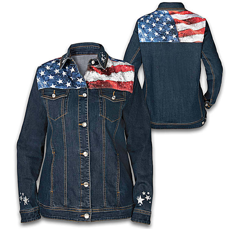 Denim Jacket Featuring An American Flag Design Adorned With Red White And Blue Rhinestones
