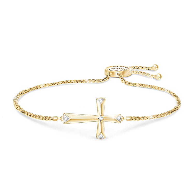 Golden Blessing Of Faith Womens Bolo Bracelet Featuring A Religious Cross Adorned With 5 Diamonds