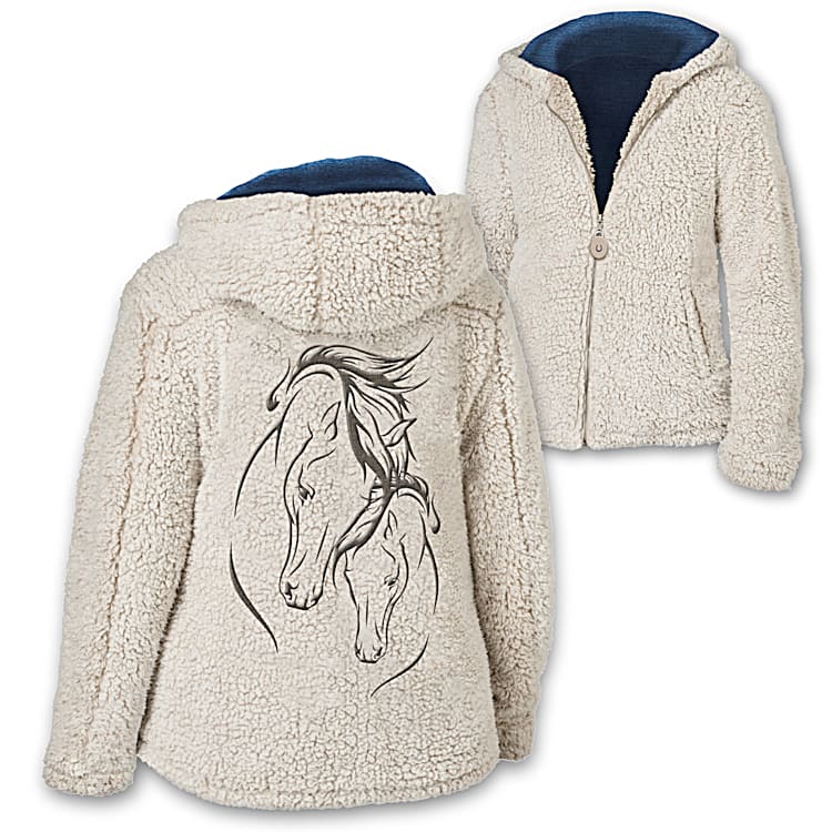 Horse Spirit Lightweight Sherpa Jacket Lined In A Blue Jersey Knit Featuring Embroidered Horse Art On The Back With A Horseshoe Charm Zipper Pull