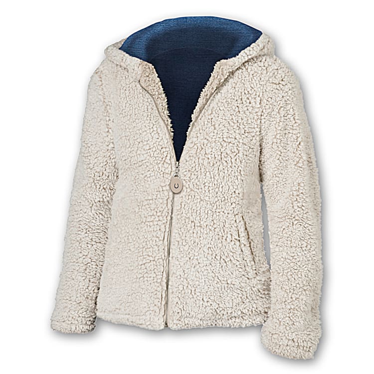 Horse Spirit Lightweight Sherpa Jacket Lined In A Blue Jersey Knit  Featuring Embroidered Horse Art On The Back With A Horseshoe Charm Zipper  Pull