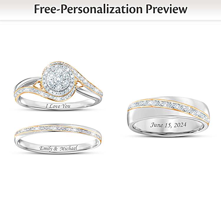 Platinum Plated And 18K Gold Plated Ring Set With An Engagement Ring Or His And Hers Wedding Bands