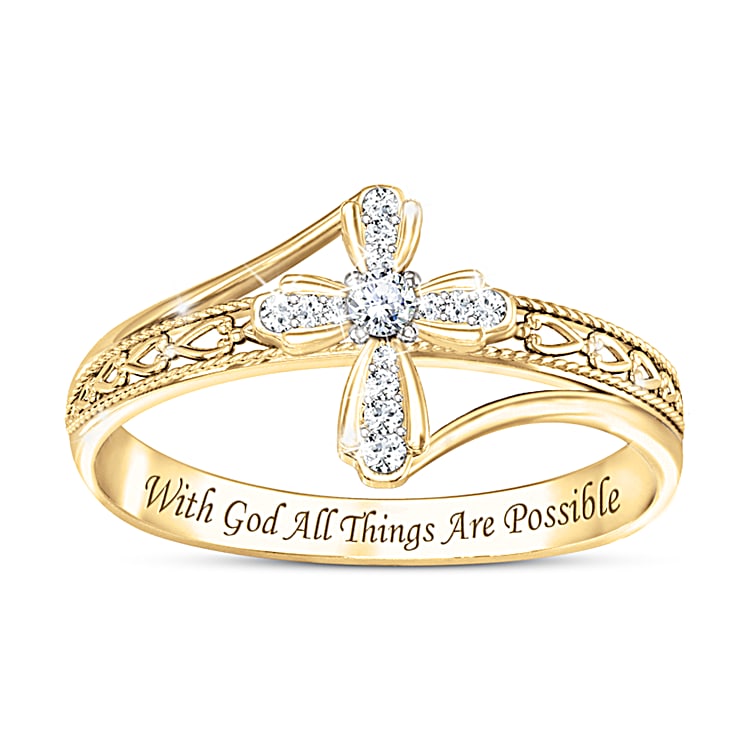 Heavenly Grace Womens 18K Gold Plated Ring Engraved With An Inspirational Message And Features A Religious Cross Design Adorned With 14 Diamonds