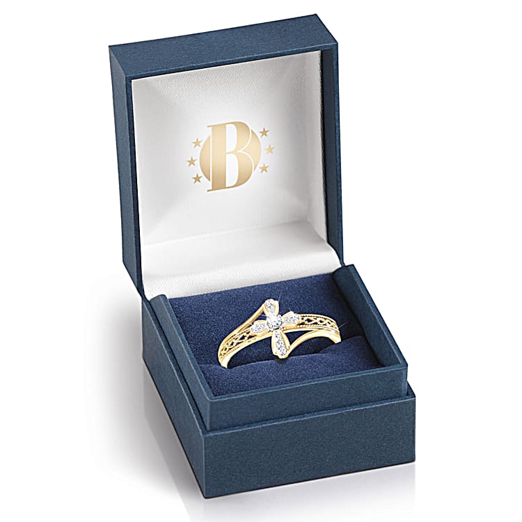 Heavenly Grace Womens 18K Gold Plated Ring Engraved With An Inspirational Message And Features A Religious Cross Design Adorned With 14 Diamonds