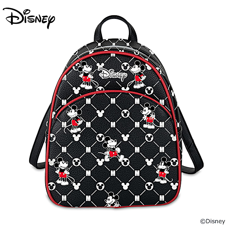 Black Faux Leather Backpack Featuring An All Over Disneys Mickey