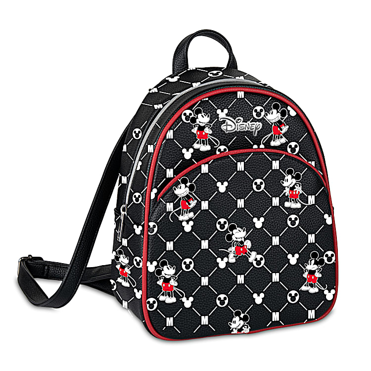 Black Faux Leather Backpack Featuring An All-Over Disneys Mickey Mouse  Pattern & Adjustable Straps