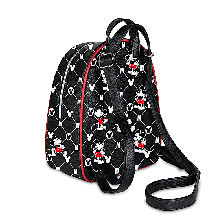 Black Faux Leather Backpack Featuring An All-Over Disneys Mickey Mouse  Pattern & Adjustable Straps