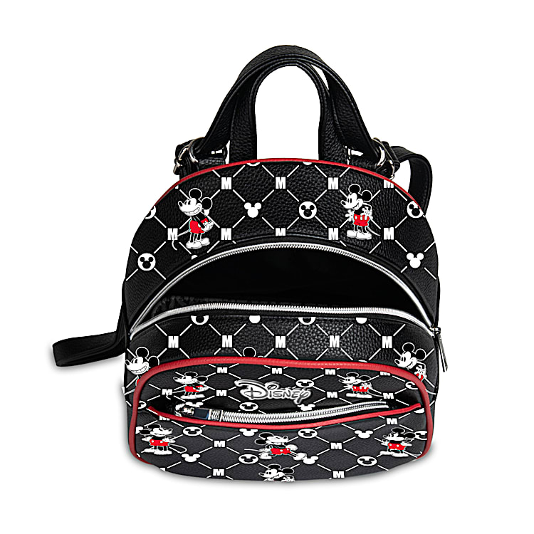 Black Faux Leather Backpack Featuring An All-Over Disneys Mickey Mouse  Pattern & Adjustable Straps