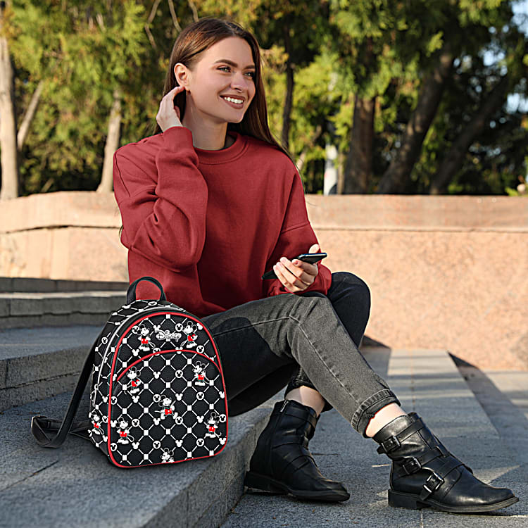 Black Faux Leather Backpack Featuring An All-Over Disneys Mickey Mouse  Pattern & Adjustable Straps