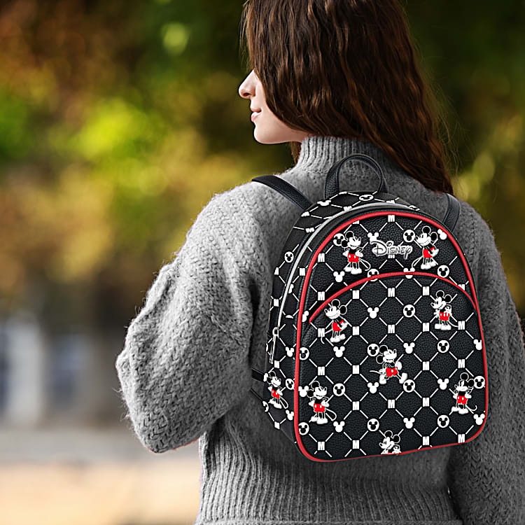 Black Faux Leather Backpack Featuring An All-Over Disneys Mickey Mouse  Pattern & Adjustable Straps