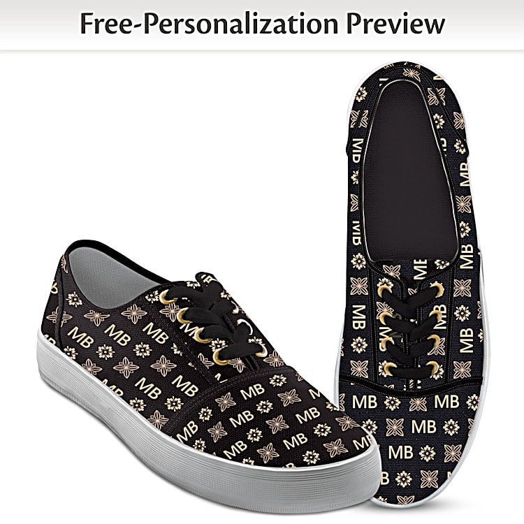Just My Style Personalized Black Canvas Shoes Featuring An All Over Tan Pattern Incorporating 2 Initials Of Your Choice