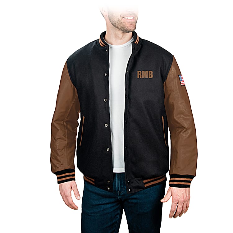 Personalized Mens Black Wool Blend Varsity Jacket Featuring Personalized Mens Black Wool Blend Varsity Jacket Featuring