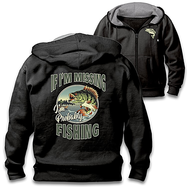 Black Gone Fishing Mens Hoodie Featuring Fishing Art Of A Big Mouth Bass