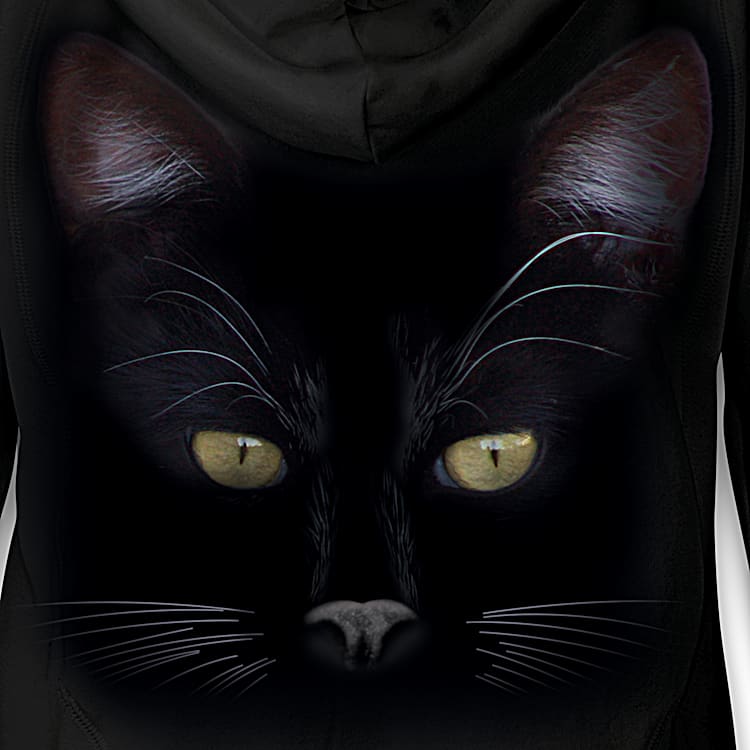 MystiCool Cat Black Cotton-Blend Knit Hoodie Featuring Cat Art
