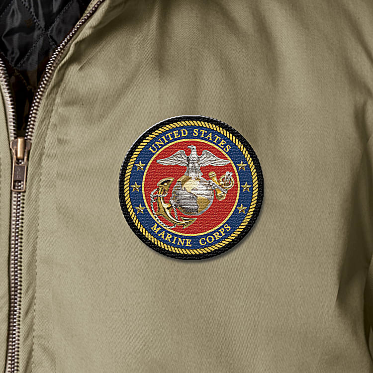 U.S. Marines Mens Full Zip Khaki Bomber Jacket Featuring 4 Embroidered Applique USMC Patches