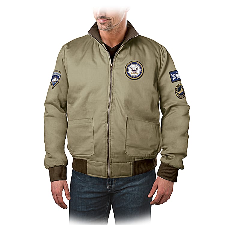 U.S. Navy Mens Full Zip Khaki Bomber Jacket Featuring 4 Embroidered Applique U.S. Navy Patches