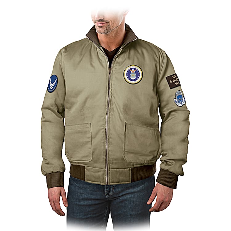 U.S. Air Force Mens Full Zip Khaki Bomber Jacket Featuring 4 Embroidered Applique USAF Patches