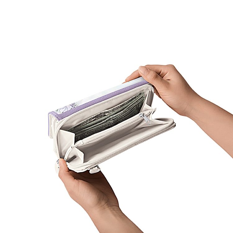 White Faux Leather Trifold Wallet With Purple Trim Adorned White Faux Leather Trifold Wallet With Purple Trim Adorned