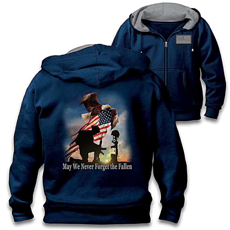 Navy Blue Full Zip Hoodie Featuring Patriotic Art Of An Eagle U.S. Soldier And American Flag