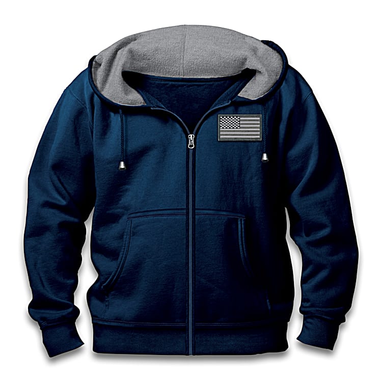Navy Blue Full Zip Hoodie Featuring Patriotic Art Of An Eagle U.S. Soldier And American Flag