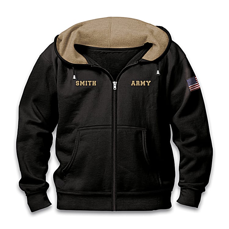 Personalized U.S. Army Black Knit Hoodie With Fleece Lining And Gradient Army Applique Patch