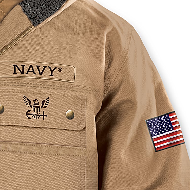 U.S. Navy Khaki Canvas Jacket With Soft Quilted Lining Featuring The U.S. Navy Emblem On The Back