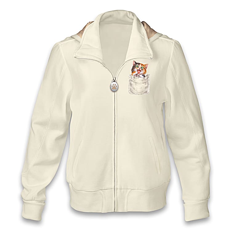 Ivory Cat-Themed Hoodie Featuring A Paw Print Zipper Pull And Adorned With  Cat Art By Kayomi Harai